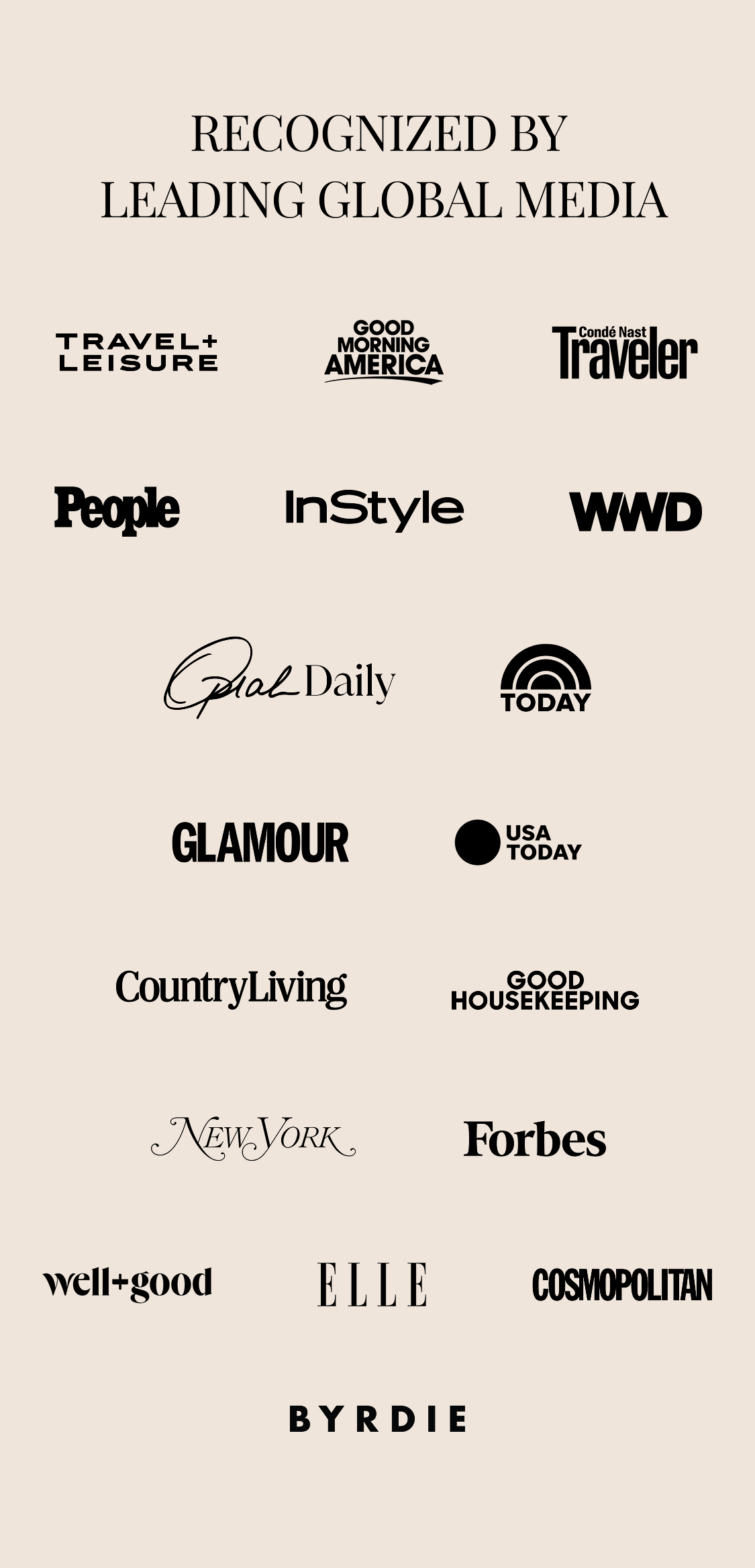 Logos of major media outlets, including People, Forbes, Cosmopolitan, and USA Today, under the heading, Recognized by Leading Global Media.